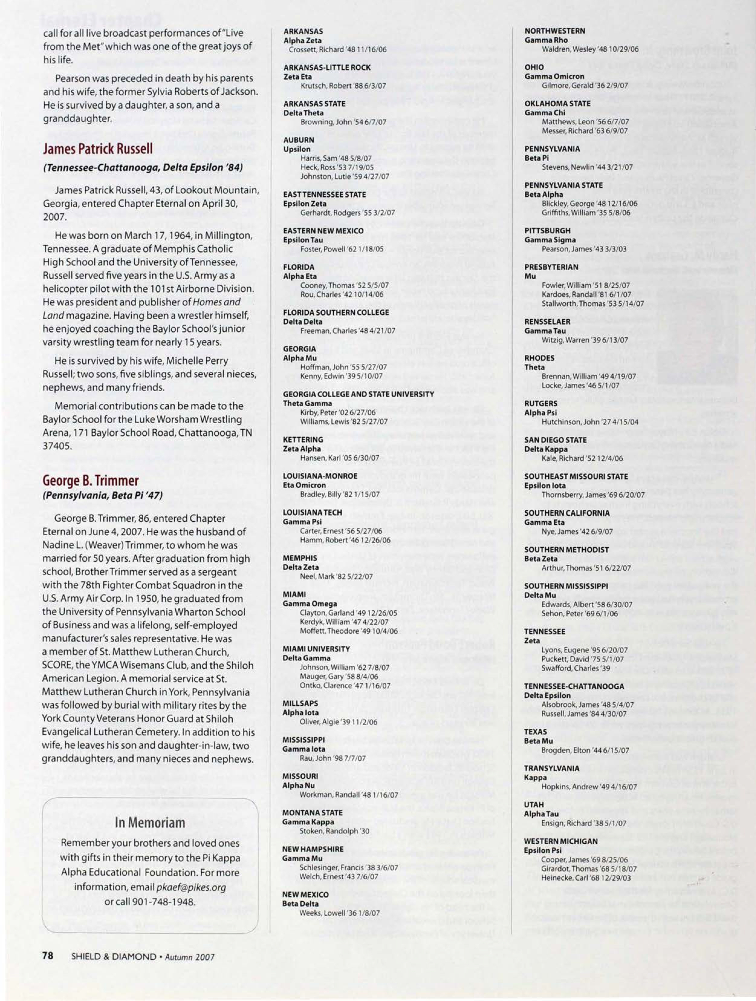 In Memoriam, Autumn 2007